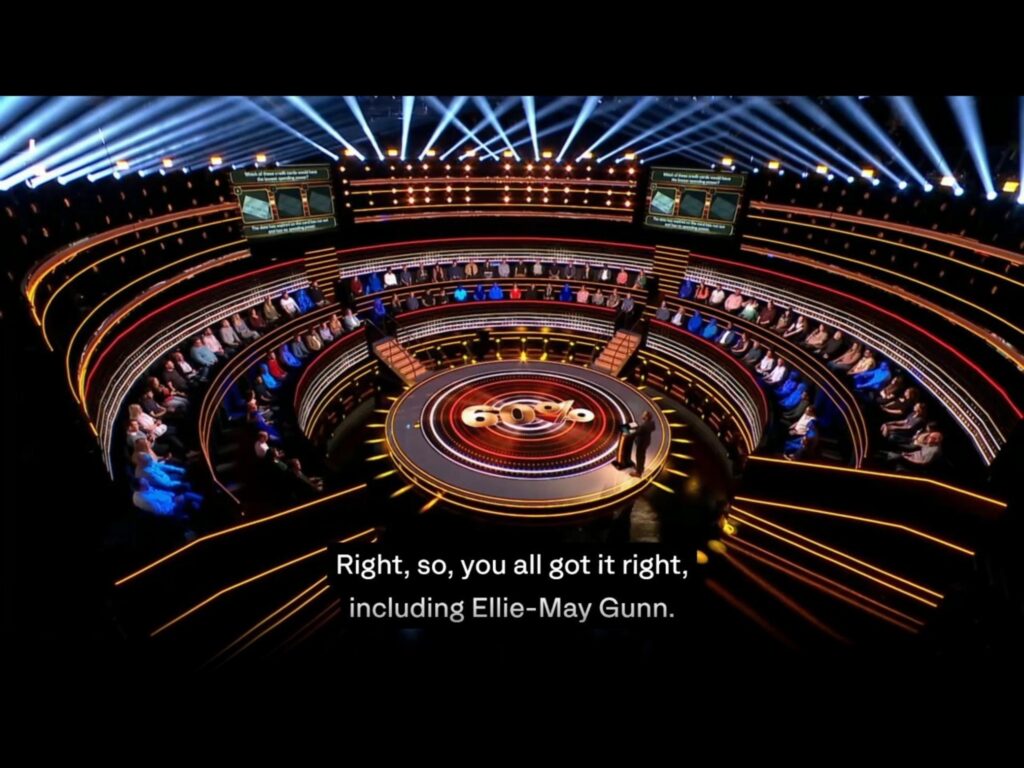 多彩な服の人間が座って観覧している