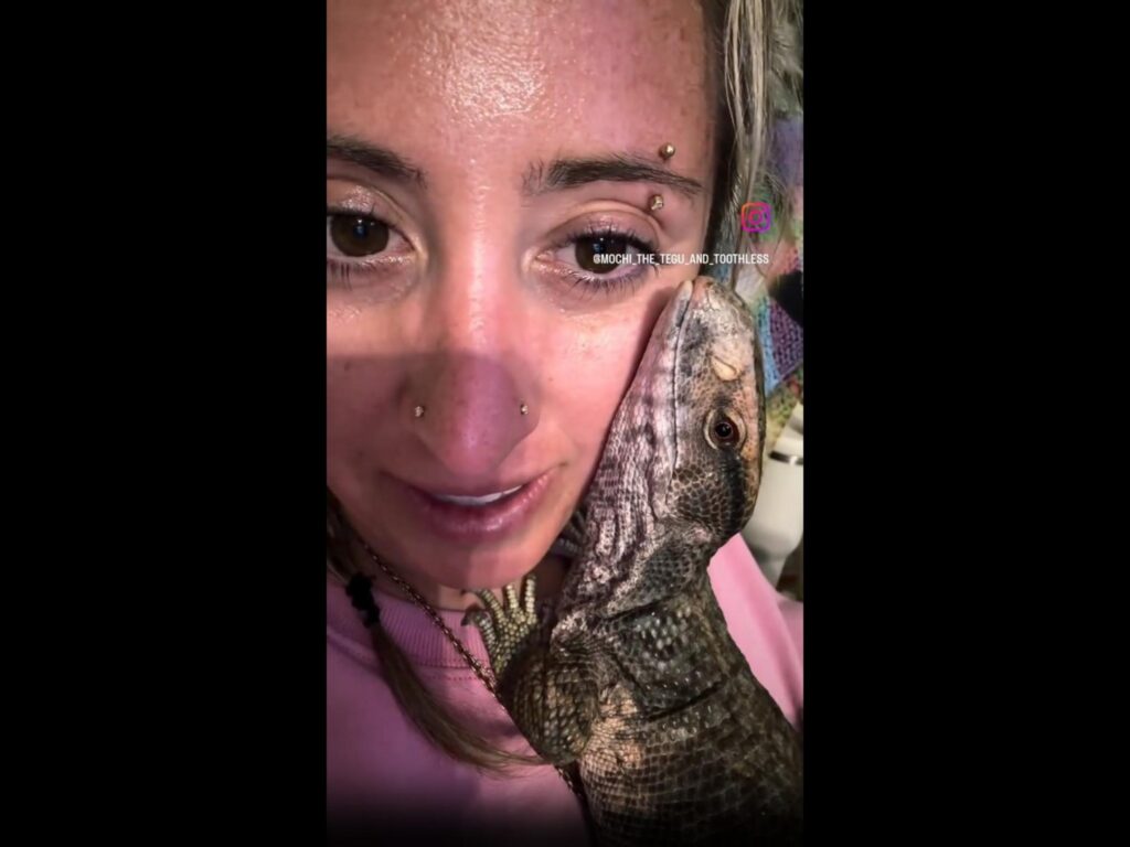 茶色のトカゲが女性の頬に寄り添っている