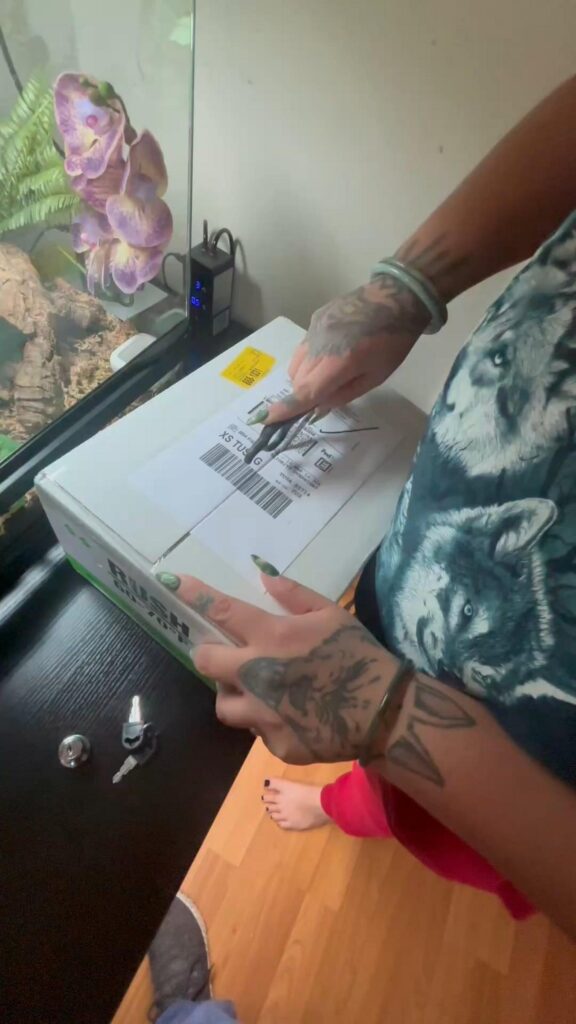 刺青のある人が白い箱を開けている