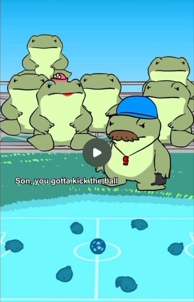 黄緑色のカエルがサッカーを指導している